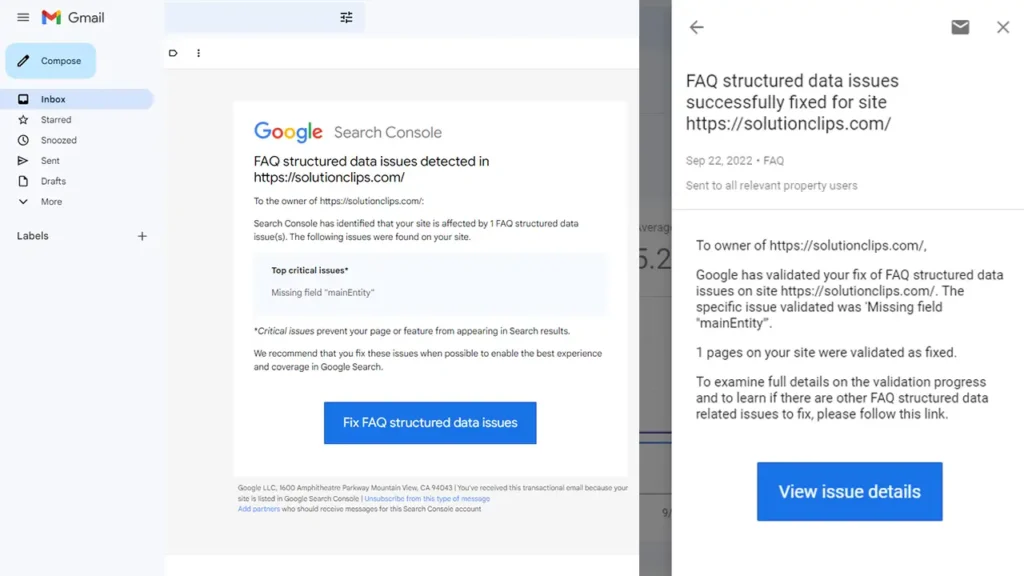google search console notification and email about website Missing field "mainEntity" error